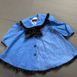 Little Precious Blue Jean Coat Dress Black Velvet Ruffle Trim, Buttons, & Bow